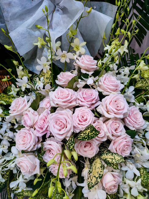 A floral arrangement displayed on top of a wooden funeral casket, featuring white and pale pink roses, white hydrangeas, and greenery, accented with tall, beige pampas grass. The arrangement is comple